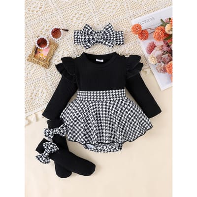 2 STUKS In de herfst hebben baby meisjes van 0-1 jaar comfortabele, lieve en schattige zwarte top + pied-de-poule rok + haarband 1-3M zwart