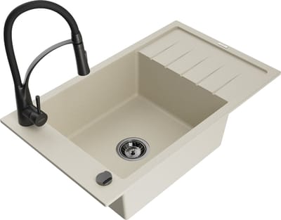 Mexen Elias granieten spoelbak 1-komerig met afdruiprek en keukenkraan Aster, beige - 6511-69-73450-70-B