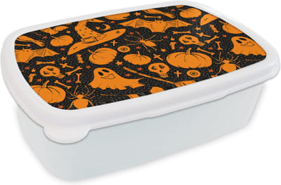 Broodtrommel Wit - Lunchbox - Brooddoos - Halloween - Oranje - Patronen - 18x12x6 cm - Volwassenen
