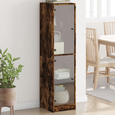 vidaXL - Hoge - kast - met - glazen - deuren - 35x37x142 - cm - gerookt - eikenkleurig