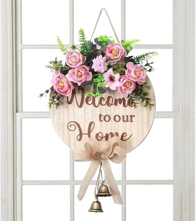 Deurbord Welkom - Decoratief bord - Entree versieren - Met strik en bel - 38x31 cm - Meerkleurig