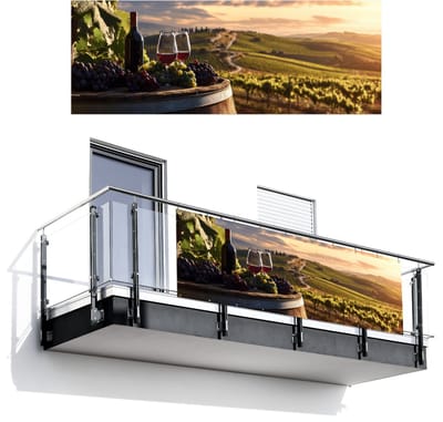 Balkonscherm 300x110 cm - Balkonposter Wijn - Druiven - Heuvels - Landschap - Balkon scherm decoratie - Balkonschermen - Balkondoek zonnescherm