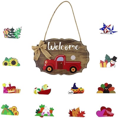 OmGoods - Dailygoody - Welkomstbord - Verwisselbare pictogrammen - Houten decoratie - Rood - Outdoor decor - Gastvrijheid - 30 x 19,8 cm