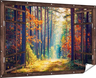 Gards Tuinposter Doorkijk Herfstbos met Zonneschijn - Kleur - 180x120 cm - Tuindoek - Tuindecoratie - Wanddecoratie buiten - Tuinschilderij