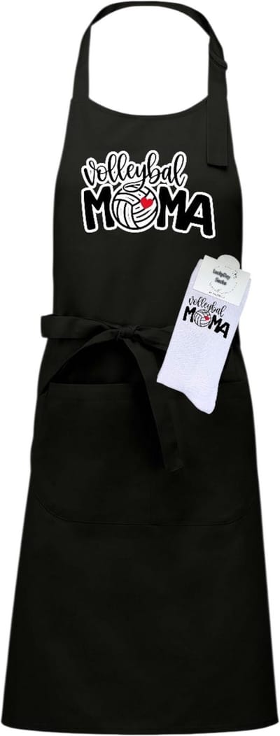 Keukenschort en sokken met tekst - Giftset - Volleybal mama - Moederdag - Vaderdag - Zwart - Verstelbaar - Cadeau idee - Verjaardag - Cadeau dames en heren - Liefste Opa en Oma cadeau - Verrassing - Grappig cadeau - Onesize