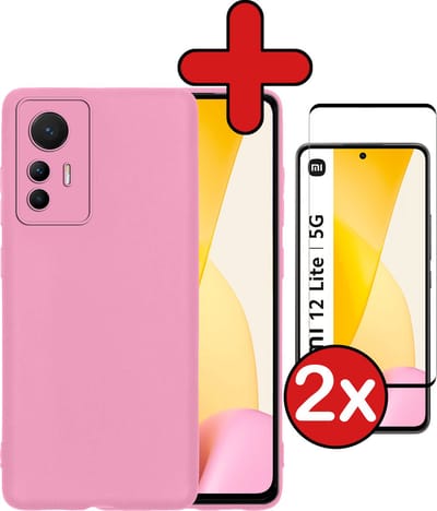 Hoesje - Met 2x Screenprotector - Geschikt voor Xiaomi 12 Lite - Sterk & Shockproof - Telefoon Hoes - Back Cover - Siliconen Case - Telefoonhoes - Lichtroze