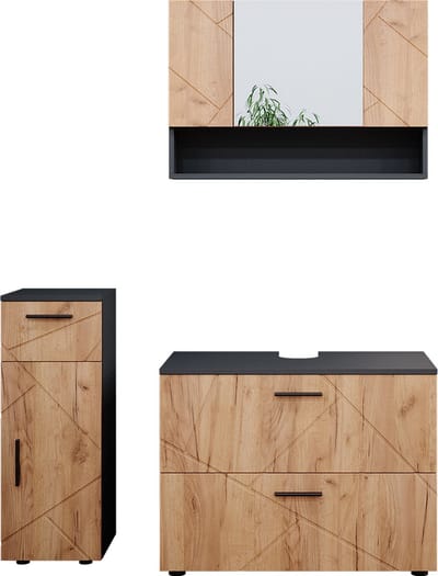 Vicco Irma Badkamermeubel set – 3 delen, met ladeblok en midi-element Eik goud/antraciet