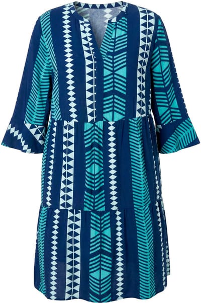Ulla Popken - Dames - Jurk grafische print tuniekhals 3/4-mouwen - Inktblauw - Maat 54+