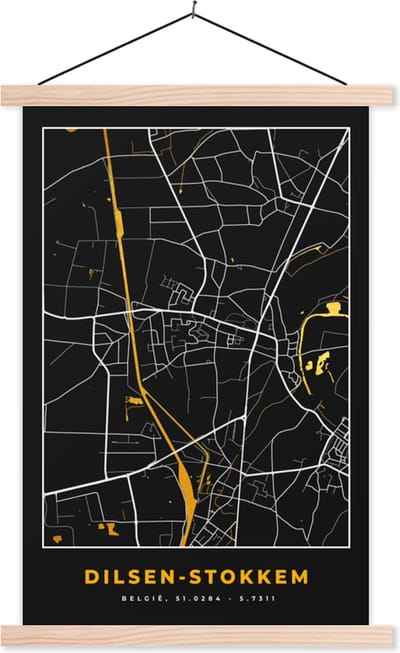 Posterhanger incl. Poster 40x60 cm - Schoolplaat - Stadskaart - Plattegrond - Dilsen-Stokkem - Kaart - Goud - Textielposter - Blanke latten - Stadskaart