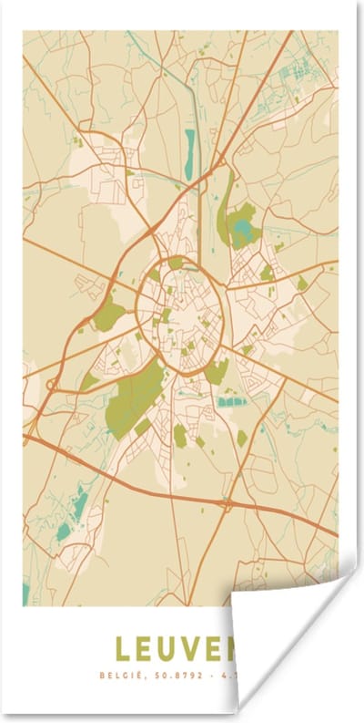 Poster Kaart - België - Vintage - Plattegrond - Stadskaart - Leuven - 80x160 cm