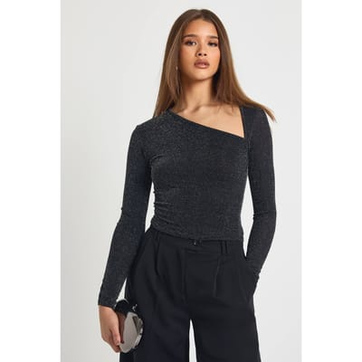 boohoo Dames Glitter Asymmetrische Top met Lange Mouwen | Zwart | Maat: 34
