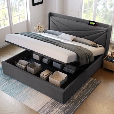 KOMHTOM Bed Tweepersoonsbed Hoofdbord met USB-oplaadfunctie 140x200 cm Grijs