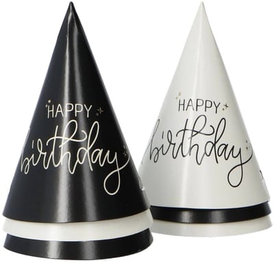 Folat - Mini feesthoedje crème noir happy birthday - 6 stuks