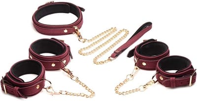 6-delige Velvet Burgundy Bondage Set met Cuffs, Collar en Belt