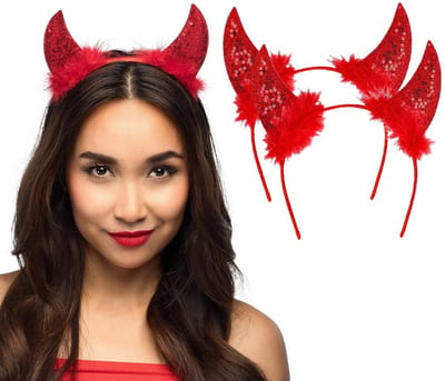 Boland Duivel hoorntjes - 2x - rood - kunststof - Halloween thema - dames - diadeem - tiara - met pailletten hoorns