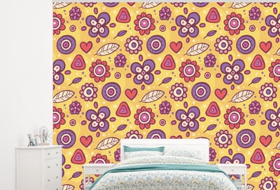 Behang - Fotobehang Patroon - Bloemen - Paars - Oranje - Breedte 300 cm x hoogte 240 cm