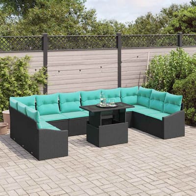 vidaXL - Bankstel - 11 - st - 10-Aantal - zitplaatsen - Zwart - en - Blauw - poly - rattan
