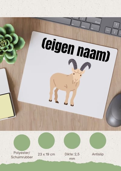 Akyol - geit met hoorn met eigen naam Muismat - Geit - geiten liefhebbers - met eigen naam - dieren liefhebber - leuk cadeau voor iemand die houdt van geiten - cadeau - kado - 23 bij 19 cm