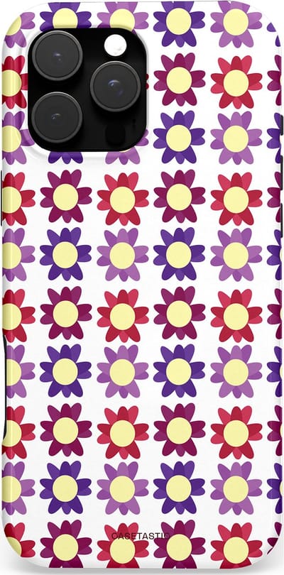 Casetastic hoesje geschikt voor Apple iPhone 16 Pro Max - MagSafe - Dubbellaagse bescherming - Rood Paarse Roze Madelief Bloementjes - Fashion Case - Wit Lavendel Crème Bordeaux