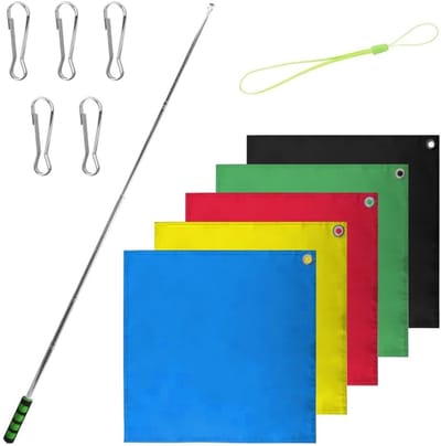 Dailygoods- Trainingsvlaggen 5 stuks - Telescopische Stok 63 inch - Handvlag met Clips - Paardentraining - Verstelbare Lengte - 18x18 inch Vlaggen - Paardenvlaggen