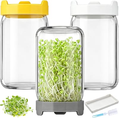 3PCS Kiemglas Set, 900 ml Kiempotten met Standaard, Kweekpotten voor Spruiten Set, Inclusief Lekbak en Reinigingsborstel, voor de Moestuin, Kweekbak, Microgreens