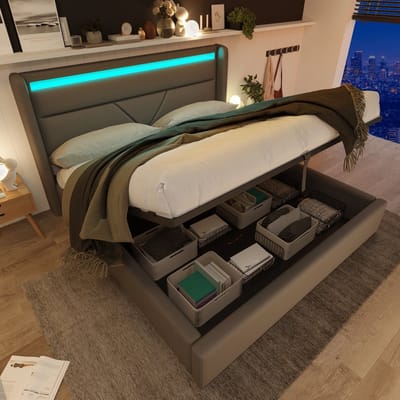 Gestoffeerd tweepersoonsbed met hydraulische opbergbox en LED - Voor slaapkamer en logeerkamer 140x200 cm - Grijs - Inclusief lattenbodem - LED-verlichting met afstandsbediening - 299 kg draagvermogen