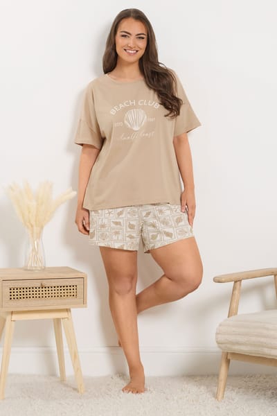 Yours Natuurbruine 'Beach Club' Pyjamaset Size 42-44
