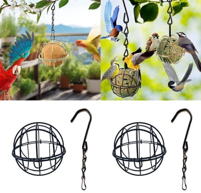 Set van 2 vogelvoeders van ijzerdraad – Hangende voederhouder voor buiten met opengewerkt ontwerp – Voederaccessoires voor wilde vogels – Bolvormige kooivoeder – Vogelvoeder voor buiten – 7 x 7 x 7 cm