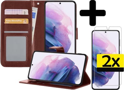Hoesje - Met 2x Screenprotector - Geschikt voor Samsung Galaxy S21 - Luxe Pasjeshouder - Bookcase Portemonee - Flip Case - Kunstleer Book Case - Flipcase Hoes - Book Cover - Walletcase - Portemonneehoes - Telefoonhoesjes - Bruin