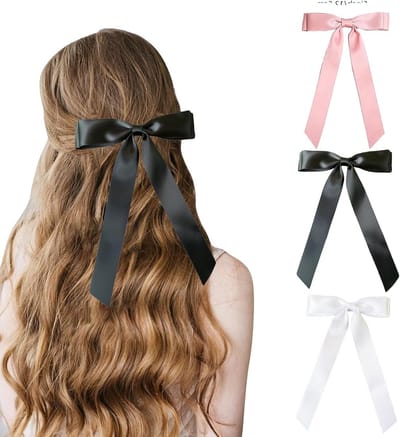 Haarspelden met lange satijnen strikken in effen kleuren voor vrouwen en meisjes (zwart, wit en roze) - trendy haaraccessoires voor elke gelegenheid