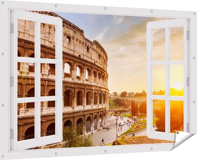 Gards Tuinposter Doorkijk Colosseum bij Zonsondergang in Italïe - 180x120 cm - Tuindoek - Tuindecoratie - Wanddecoratie buiten - Tuinschilderij