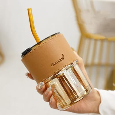 Ins Stijl Koffiekop Glas Mok Bekers met Deksel en Rietjes Lekvrij Kawaii Beker Mooie Thee Mokken Lederen Bekerhoes Servies