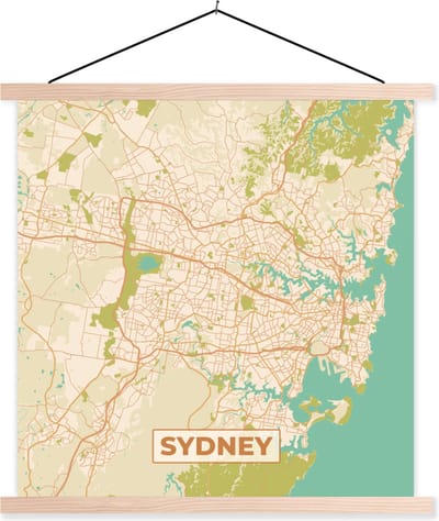 Posterhanger incl. Poster 40x40 cm - Schoolplaat - Sydney - Vintage - Plattegrond - Stadskaart - Kaart - Textielposter - Blanke latten - Stadskaart