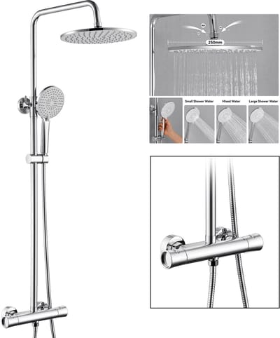 Auralum Max Regendouche met Thermostaatkraan - Doucheset - Thermostatische Douchekolom - Messing Regendoucheset - Anti-Scald - Hoogte Verstelbaar 102-125cm - Chroom