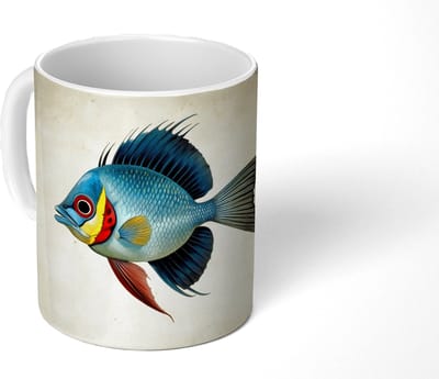 Mok - Koffiemok - Blauw - Kieuwen - Vis - Illustratie - Mokken - 350 ML - Beker - Koffiemokken - Theemok