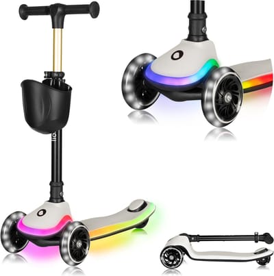 LIONELO Mey Kinderstep – LED-verlichting in wielen & voetplateau – Inklapbaar stuur – Antislip deck – Mandje – ABEC-7 lagers – 4 hoogteposities – Tot 50 kg – Vanaf 3 jaar – Ergonomisch – Rem – Direct gebruiksklaar