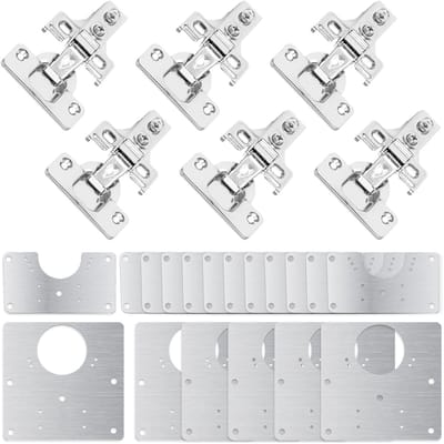 Dailygoods- Scharnierreparatieset - 6 Meubelscharnieren - 18 Reparatieplaten - 108 Schroeven - Roestvrij Staal - Gedempt Deurscharnier