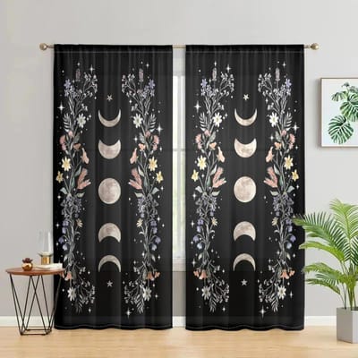 2 stuks, Boheemse bloemen, zon en maan, Gotische esthetiek, groene blad raambekleding - woonkamer, slaapkamer, huisdecoratie W150CM H166CM&Rod pocket gray