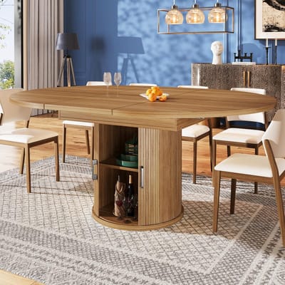 Eettafel Uittrekbaar Rond - Ronde Keukentafel met Verlengblad en Opbergruimte voor 6 Personen Walnoot - 118/158x118x76,8 cm - Vermissen
