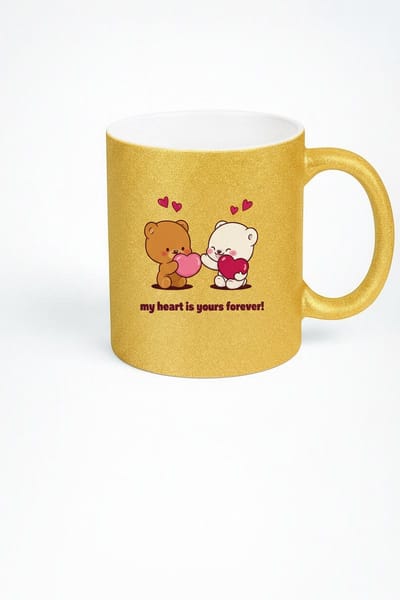 Glitter Gouden Mok met Verliefde Beertjes en Hartjes | 'My Heart Is Yours Forever' Liefdes Mok Cadeau