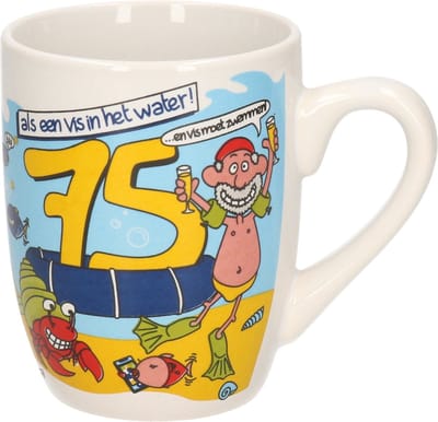 75 jaar verjaardag koffie mok/beker - Funcadeau - 300 ml - Cartoon teksten