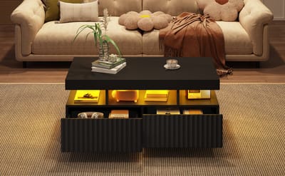 STILVORA Salontafel - Verticaal Geribbelde Laden En App-Bedienbare LED - Open Middenvak Voor Decoratie - Spaanplaat - 100x50x45 cm - Zwart