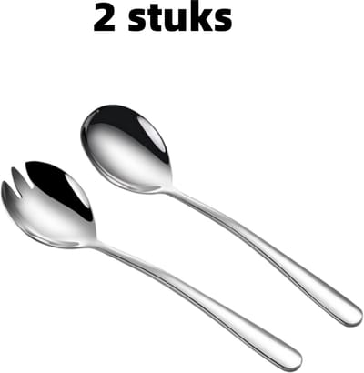 2-delige saladelepel en -vork - Multifunctioneel saladebestek - Roestvrijstalen fruitvork - Zilver