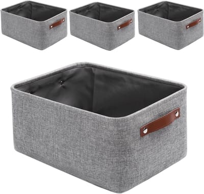 Vouwbare Opbergmanden met Leren Handvat, 4 Stuks, Versterkte Linnen Stof, Ideaal voor Speelgoed, Kleding en Huishoudelijke Opberging (Grijs, Medium)
