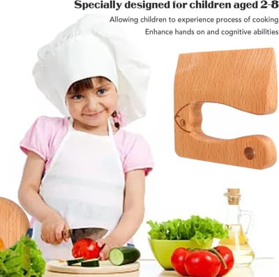 Dailygoods- Keukenmessen Ergonomisch - Houten Snijders - Veilig voor Kinderen - Geschikt voor Groenten en Fruit - Natuurlijk Beukenhout - Verbeter Cognitieve Vaardigheden - Speelgoedmes