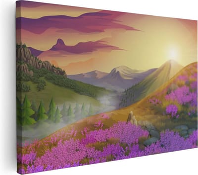 Artaza Canvas Schilderij Bloemenveld - 30x20 cm - Klein - Wanddecoratie Bergen - Muurdecoratie Natuur - Kamer Accessoires Zonsondergang