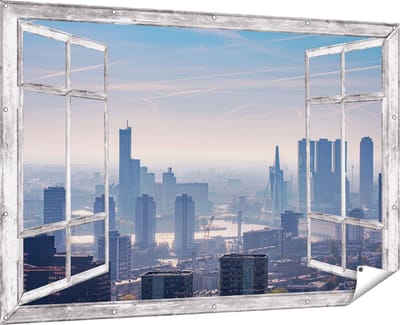 Gards Tuinposter Doorkijk Rotterdamse Skyline - 180x120 cm - Tuindoek - Tuindecoratie - Wanddecoratie buiten - Tuinschilderij