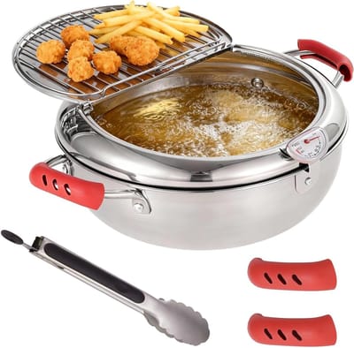 Friteuse Pan - Tempura Pannenset - Gouden Frietjes Maken - Met Temperatuurregeling - 28 x 155 cm - Zilver