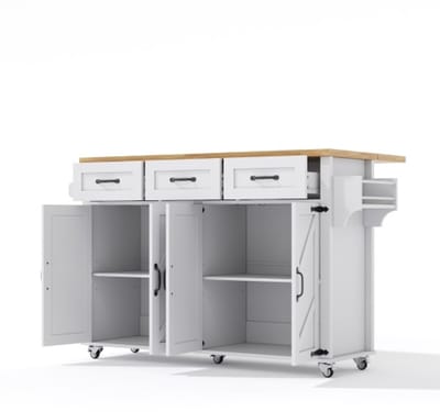 Dressoir Opbergkast Keukeneiland Met Klapbaar Werkblad 140x43(70)x90.5cm Vijf Vergrendelbare Wielen Vier Deuren Drie Lades Dubbelzijdige Handdoekhouders Schuurstijl Design Wit+Natuurlijke Kleur Geschikt Voor Keuken Eetkamer Of Woonkamer