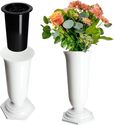 KADAX Grafvaas, vaas van kunststof, bloemenvaas, kunststof vaas voor bloemen, weerbestendige begraafplaats-vaas, vorstbestendige steekvaas voor graf, weerbestendige grafdecoratie (15,5 cm, wit)